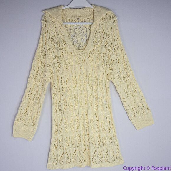 NEW Free People Elton Cream Crochet Knit Long Sleeve Mini‎ Dress, L - Picture 2 of 16